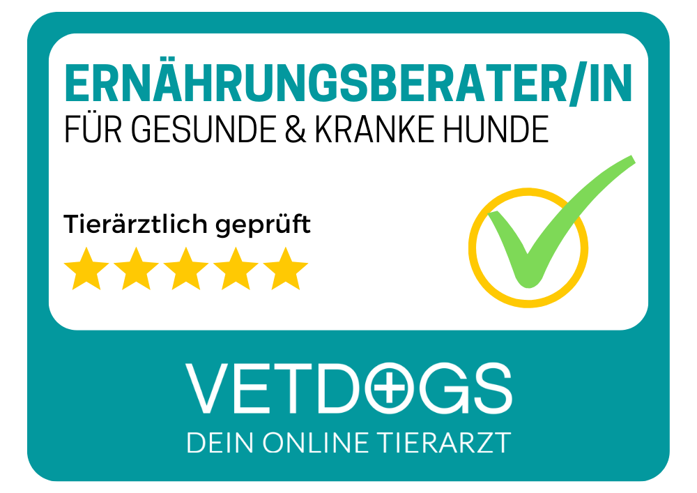 Auszeichnung als tierärztlich geprüfte Ernährungsberaterin für Hunde von VetDogs.